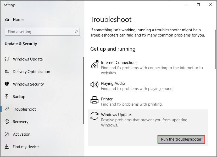 Run the Window 10 update Troubleshooter-Error 0x8024a105