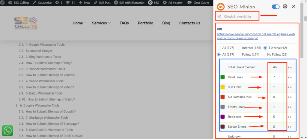 checking broken links by SEO Minion