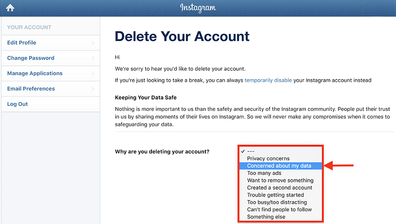 how to delete instagram account